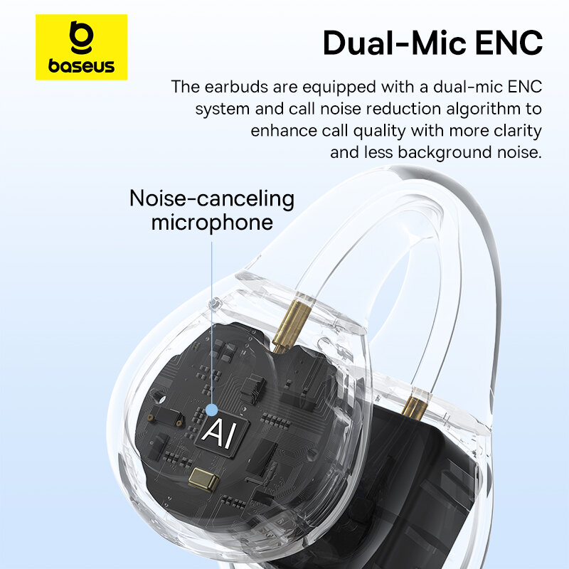 Беспроводные наушники Baseus AirGo AS01, наушники с зажимом для ушей, Bluetooth 5,3, 2MIc ENC HD, наушники-вкладыши с шумоподавлением для звонков, спортивные наушники