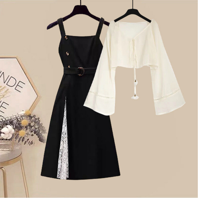 Cardigã protetor solar emagrecedor feminino, vestido escorregadio preto, conjunto de duas peças, na moda, edição coreana, temporada primavera-outono, novo