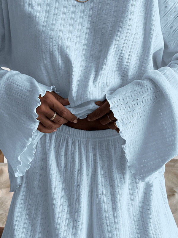 Marthaqiqi-pijama holgado azul para mujer, traje de 2 piezas con cuello redondo, ropa de dormir de manga larga, pantalones cortos, ropa de casa informal amarilla