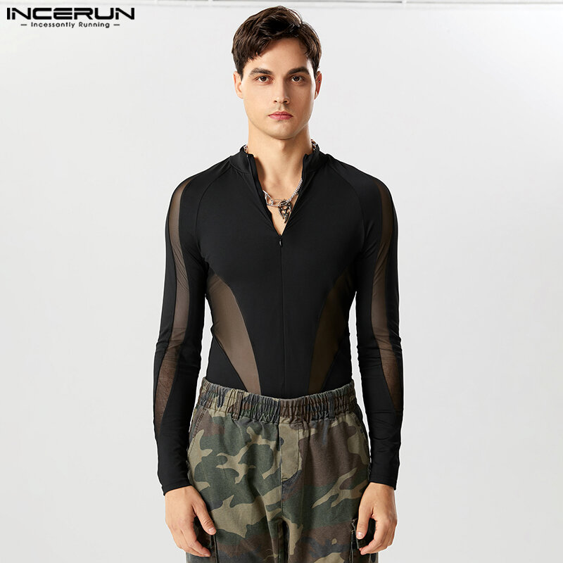 2023 Männer Bodys Mesh Patchwork V-Ausschnitt Streetwear Langarm männliche Stram pler Reiß verschluss transparente Mode T-Shirt Bodysuit Incerun