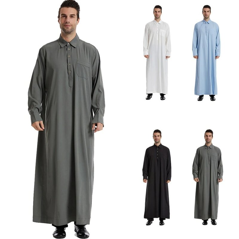 Men Islamic Arabic Kaftan Long Sleeve Casual Pockets Muslim Robe Saudi Arabia Dubai Men Jubba Thobe Ramadan Eid Abaya Dress Gown