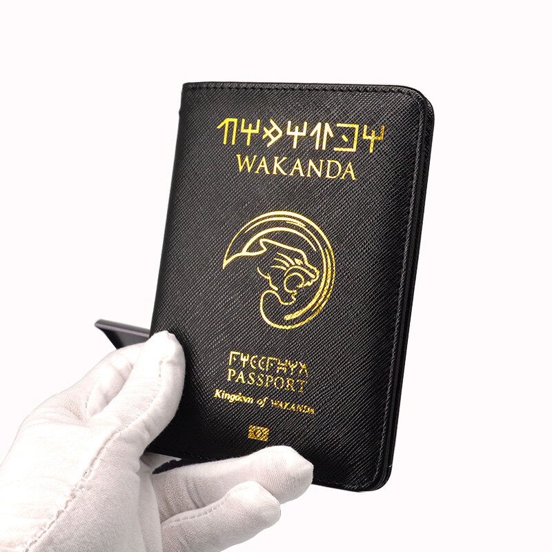 Wakanda-パスポートの形をしたPUレザーケース,旅行用財布,情熱のための黒いカバー