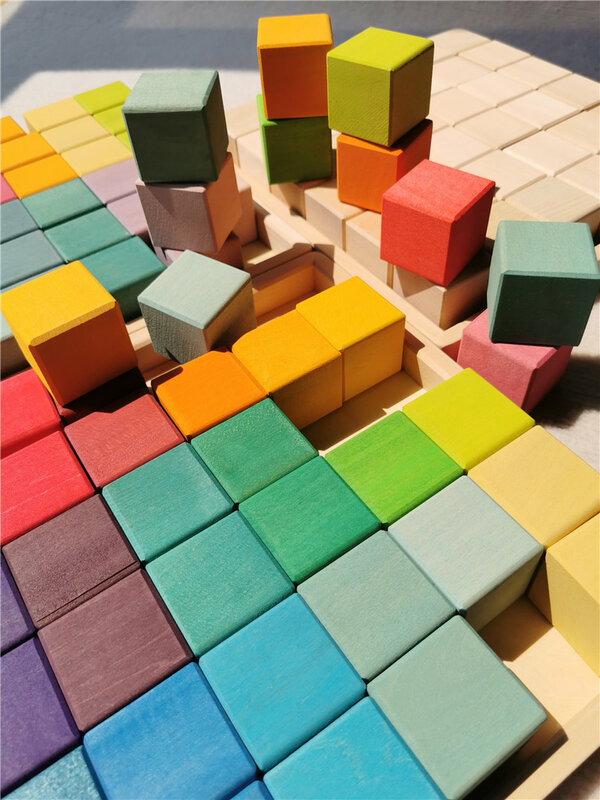 어린이 나무 장난감 무지개 빌딩 블록 쌓기, 큐빅 모자이크 크리에이티브 플레이, 4x4x4cm