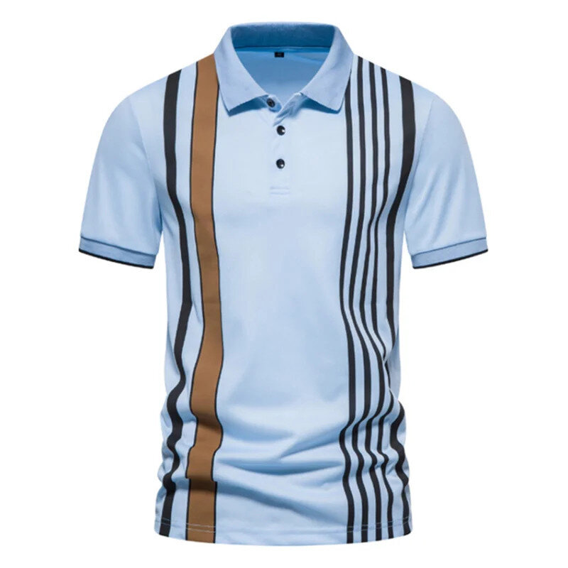 Kaus Golf motif garis-garis pria, kaus Polo bisnis elegan, baju kantor kasual modis, kaus Golf motif garis-garis mewah untuk pria, musim panas