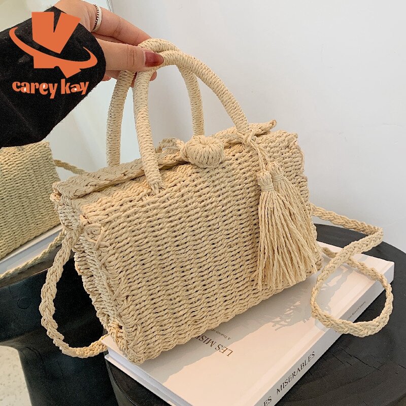 Carey kay moda borla palha feminina pequena bolsa de verão boemia praia viagem sacos ombro quadrado tecido rattan mensageiro saco
