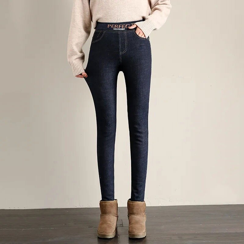 Leggings de cintura alta de algodão grosso para mulheres, jeans skinny vintage, calça jeans forrado com lã, jeans de inverno para mamãe, roupa básica de neve