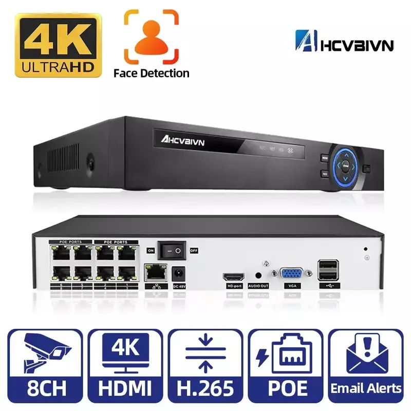 CCTV NVR Recorder 8 Channel 4K H.265 POE NVR Face Recognition 8MP POE Network Surveillance Video Recorder 8CH XMEYE NVR 4CH 5MP
