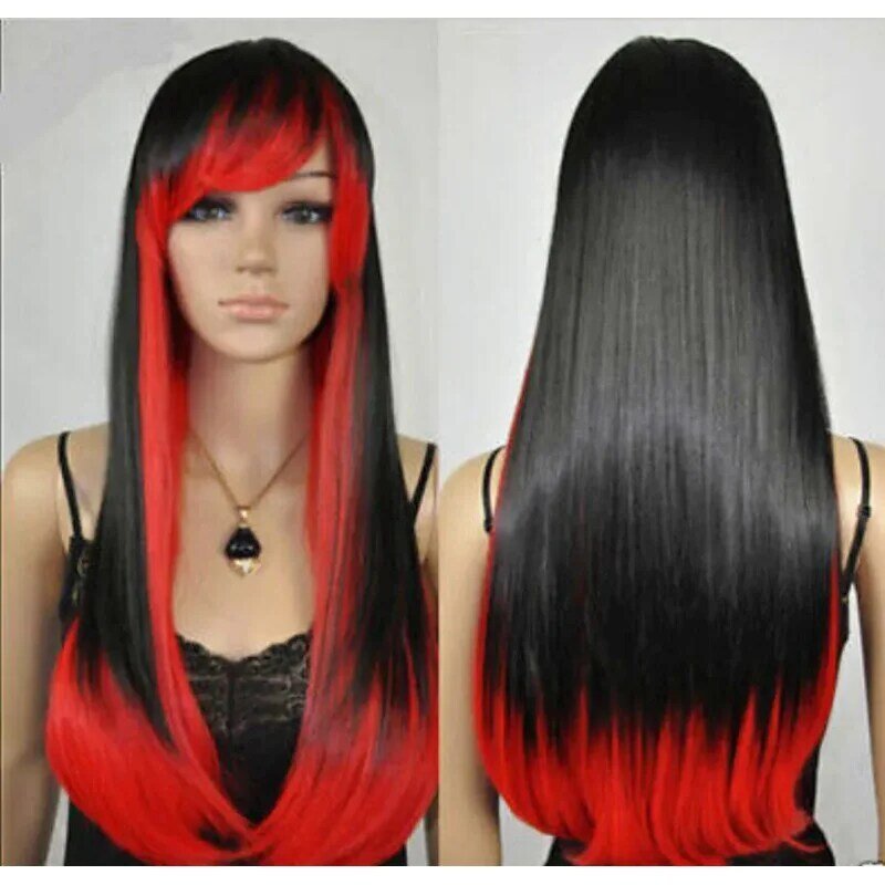 WIG  Women's Long Straight Bla Red Mix Costume Party Cosplay Full Hair Wig