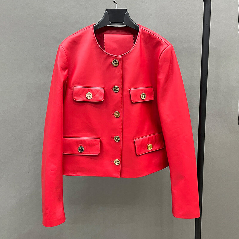 Jaqueta de couro de carneiro genuína feminina, casaco gola em O, novo design, design de moda, primavera, outono, senhora, FG8294