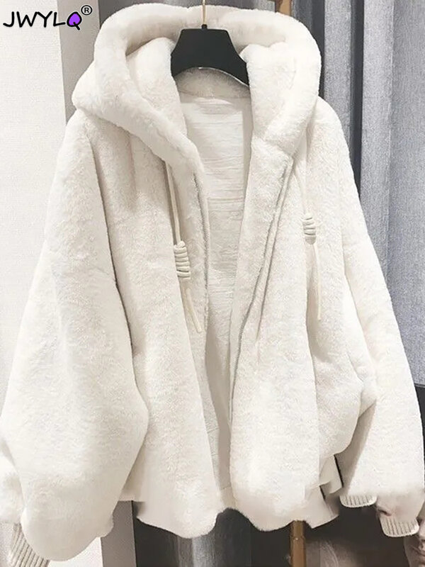White Imitation Lambwool Outwear Top Coat Women Winter Warm Furry Overcoat Casual Sobretudos Hooded Faux Rabbit Fur Plush Jacket