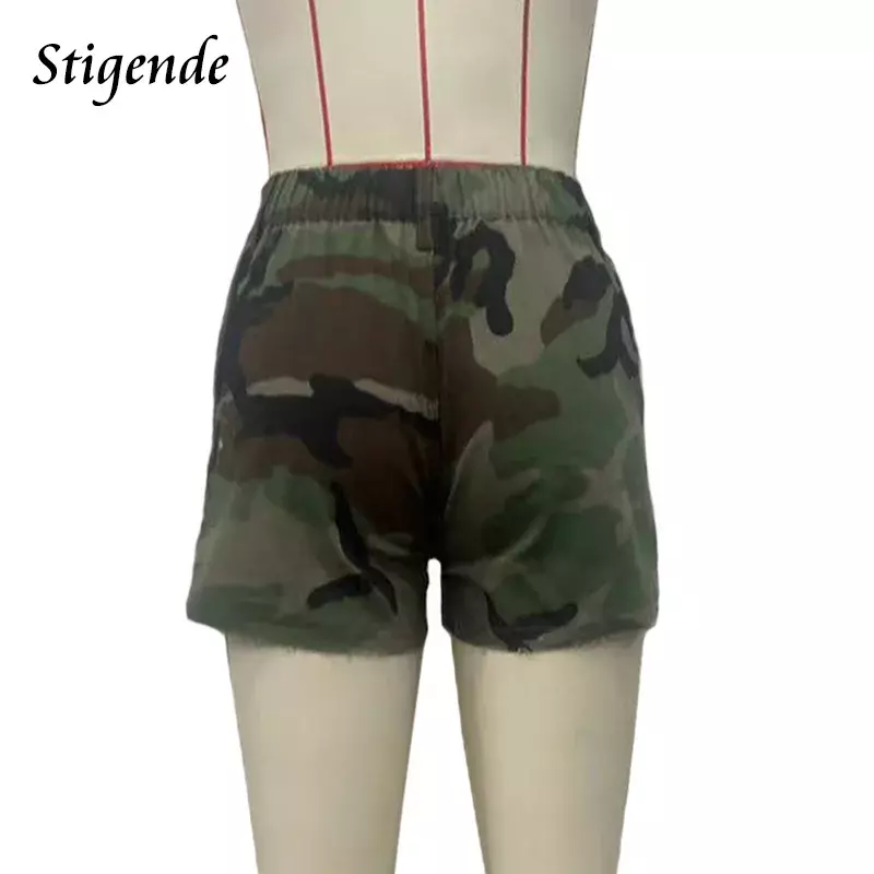 Mutevole celana pendek kamuflase wanita, celana pendek Bodycon tipis berkancing pinggang elastis musim panas untuk wanita