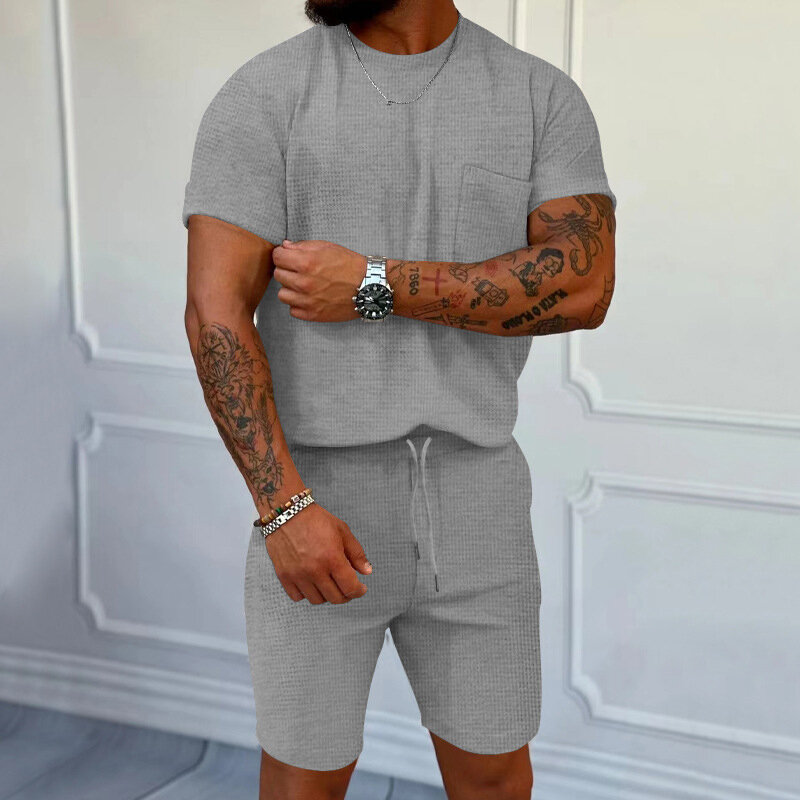 Streetwear Mens Two Piece Sets Summer Breathable Waffle Loose Outfit Men Casual Short Sleeve Pocket T Shirt & Shorts Suits Male