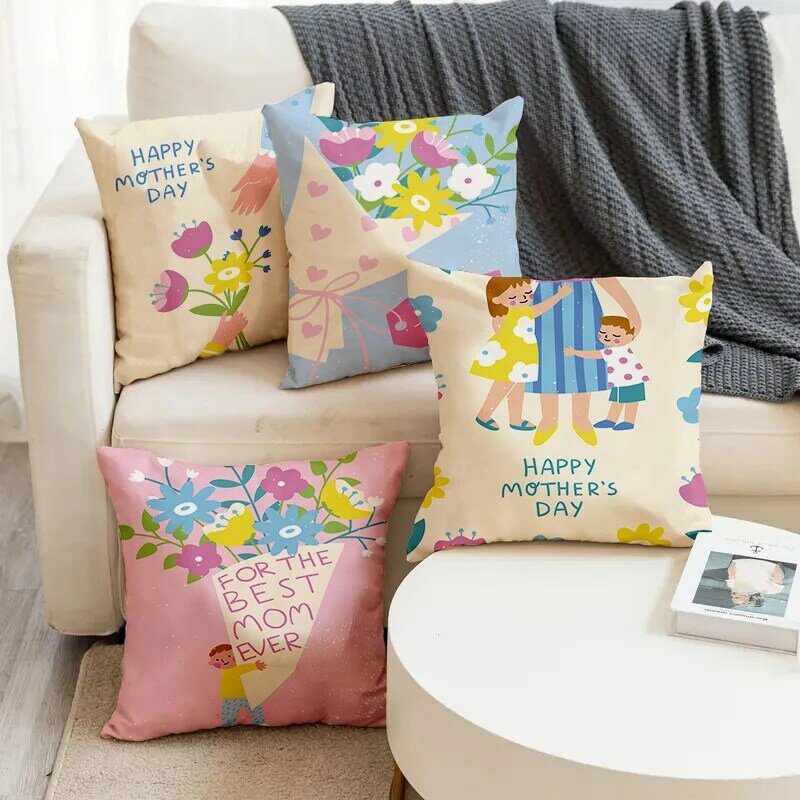 Happy Mother's Day Fresh Flower Pattern Printed Square Pillowslip Linen Blend Cushion Cover Pillowcase Living Room Home Decor