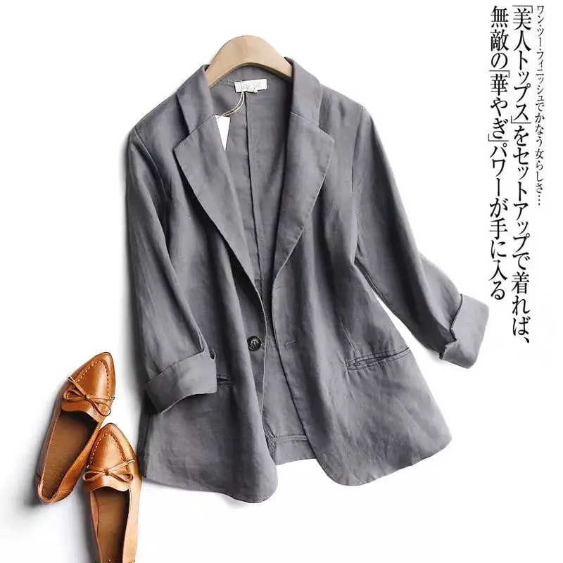 Blazer de terno de botão único feminino, jaqueta básica de linho e algodão, casaco curto casual, moda coreana, primavera, 2022