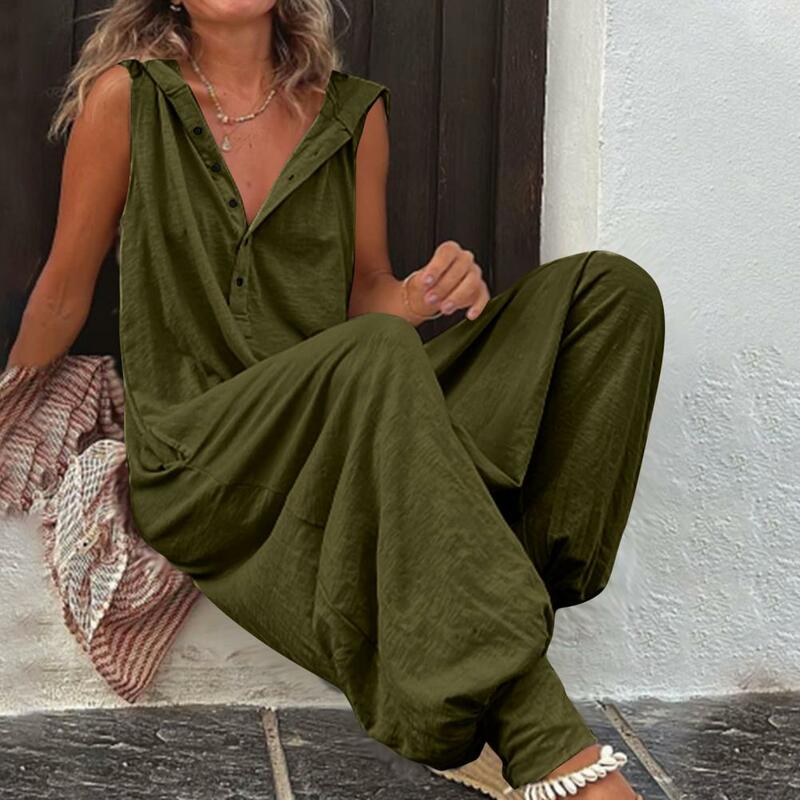Summer Jumpsuit Non-Fading Loose-fitting Comfortable Summer Single-breasted Jumpsuit Costume Hooded Playsuit Decorative