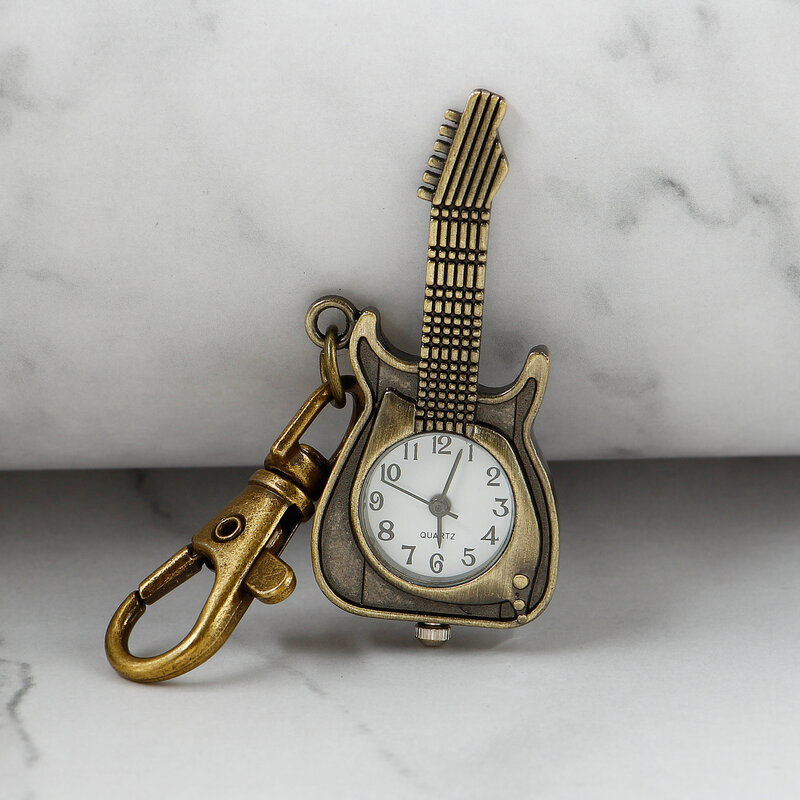 Quartzo relógio de bolso com guitarra design, pequeno e bonito, requintado, retro, chaveiro, presente para crianças, meninas