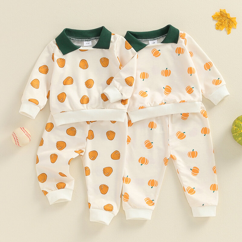 Conjunto de calças estampadas de abóbora para bebês meninos, moletom de manga comprida com calça elástica na cintura, roupas de Halloween para bebês meninos, 2024-05-20