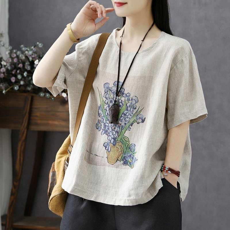 2024 New Arrival Summer Arts Style Women Casual Cotton Linen Short Sleeve Tops Tees Vintage Floral Print O-neck T-shirt S120