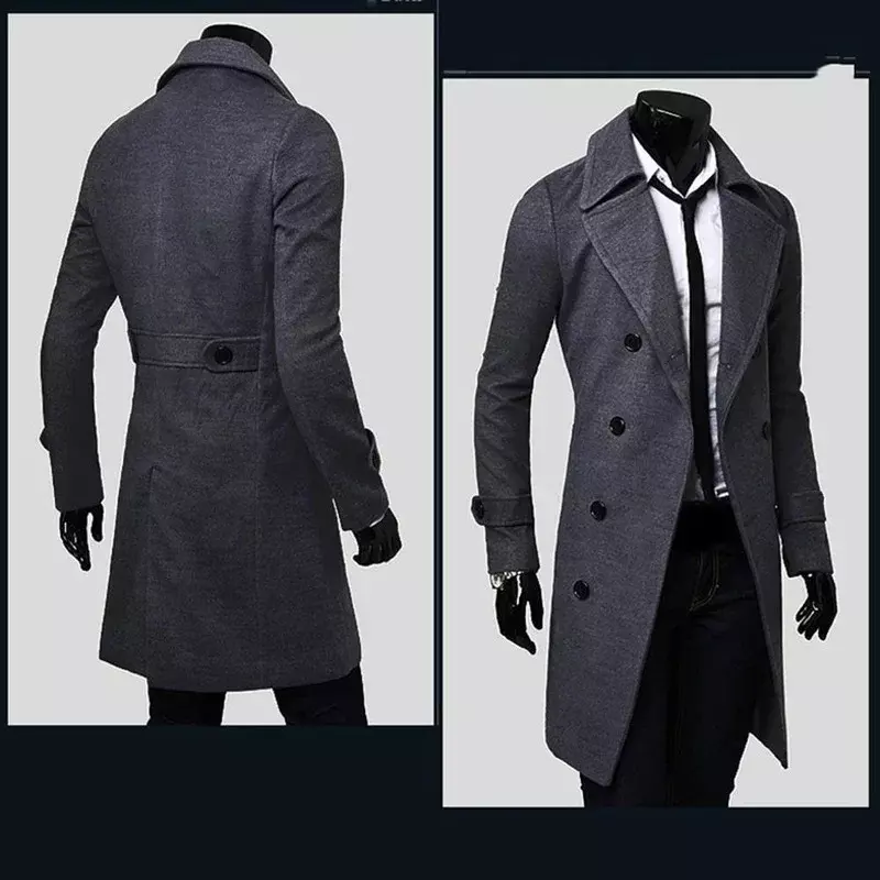 Męski dwurzędowy trencz mieszanka wełny 2023 jesienno-zimowy jednokolorowa na co dzień Slim Fit długi płaszcz wełniany płaszcz moda męska odzież