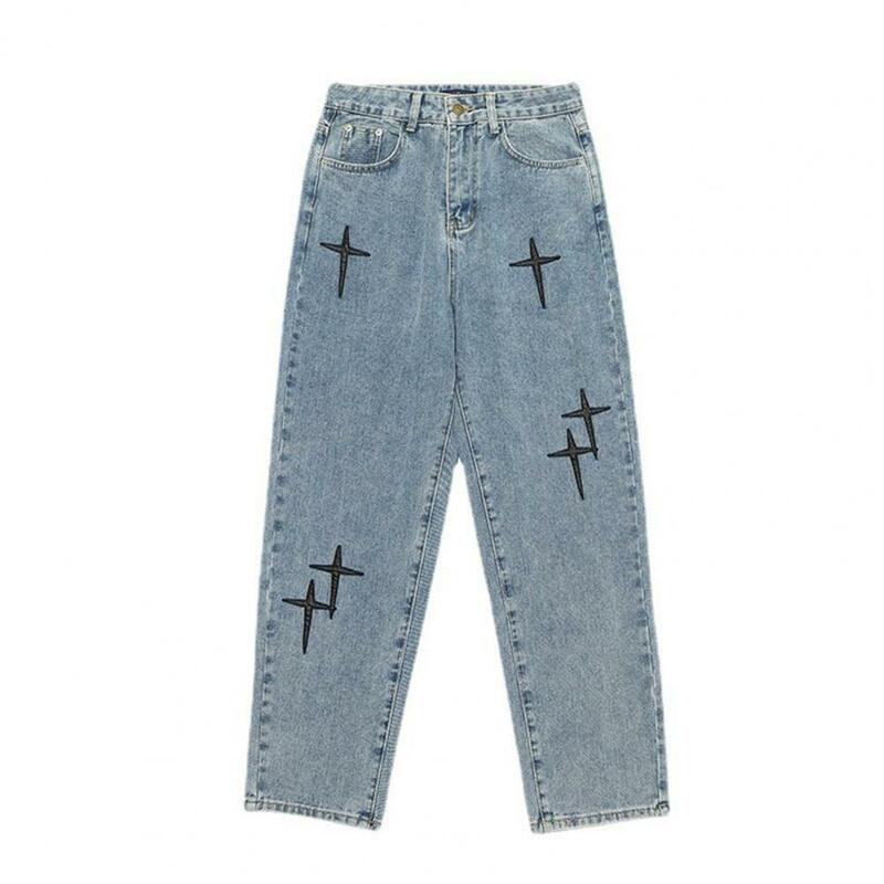 Удобные джинсовые брюки, винтажные широкие мужские джинсы со звездами, вышивкой, застежкой-молнией и пуговицами, дышащая ткань для бедер
