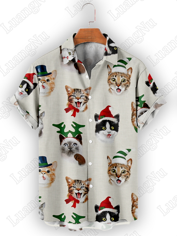 Рубашки на Рождество для мужчин и женщин, праздничная одежда, большие размеры, на пуговицах, с принтом милых питомцев