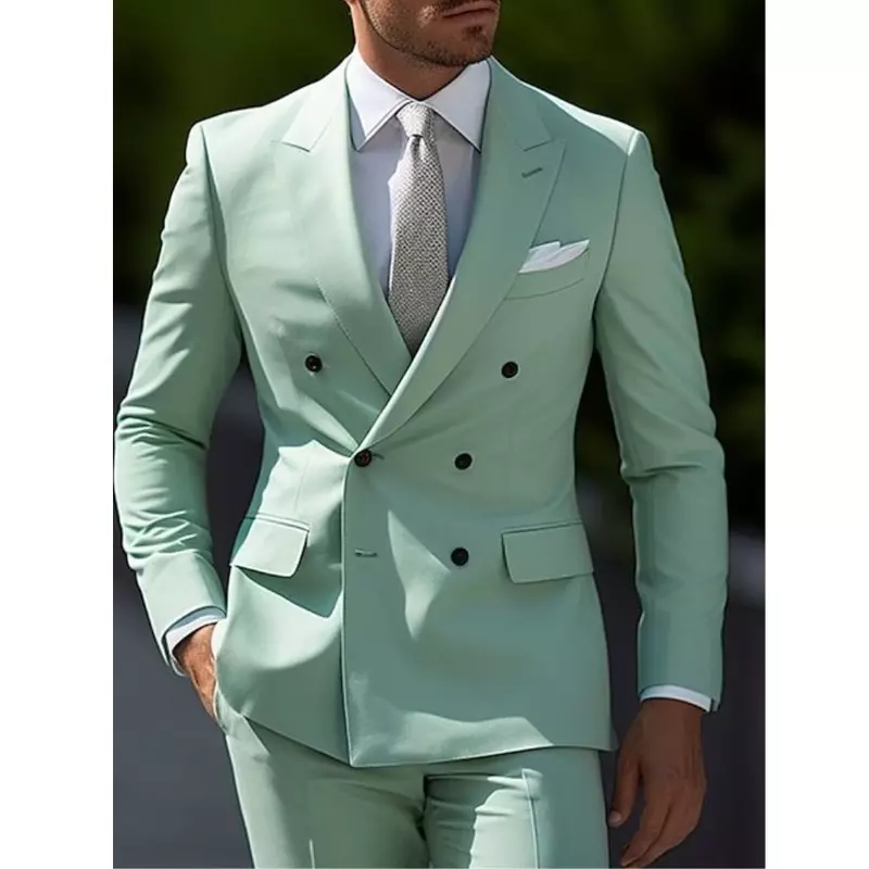 Green Men's Wedding Suits Solid Color 2 Piece Daily Plus Size Double Breasted Six-buttons Formal Business Suits