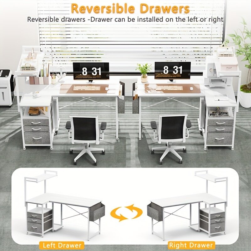 1set L-Shaped Computer Desk, Modern Simple Style, Reversible With Storage Shelves, 3 Fabric Drawers, Side Pouch