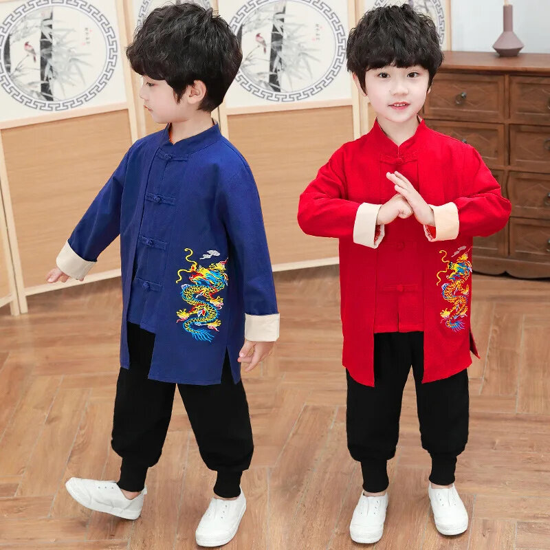 Pakaian tradisional Cina untuk anak-anak laki-laki lengan panjang sulaman naga setelan Tang Tahun Baru Natal musim gugur katun merah