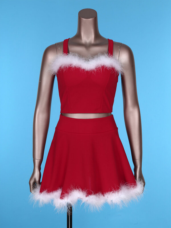 Pakaian Natal potongan bulu palsu wanita, dua potong ritsleting samping tidak terlihat tali bahu lebar atasan pendek dengan pinggang tinggi rok A-Line