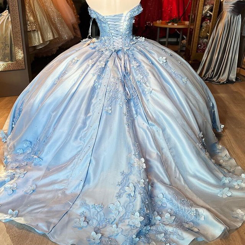 Gaun Quinceanera Bahu Terbuka Biru Langit Berkilauan Gaun Pesta Ulang Tahun dengan Manik-manik 3DFlower Applique Gaun Pesta Ulang Tahun