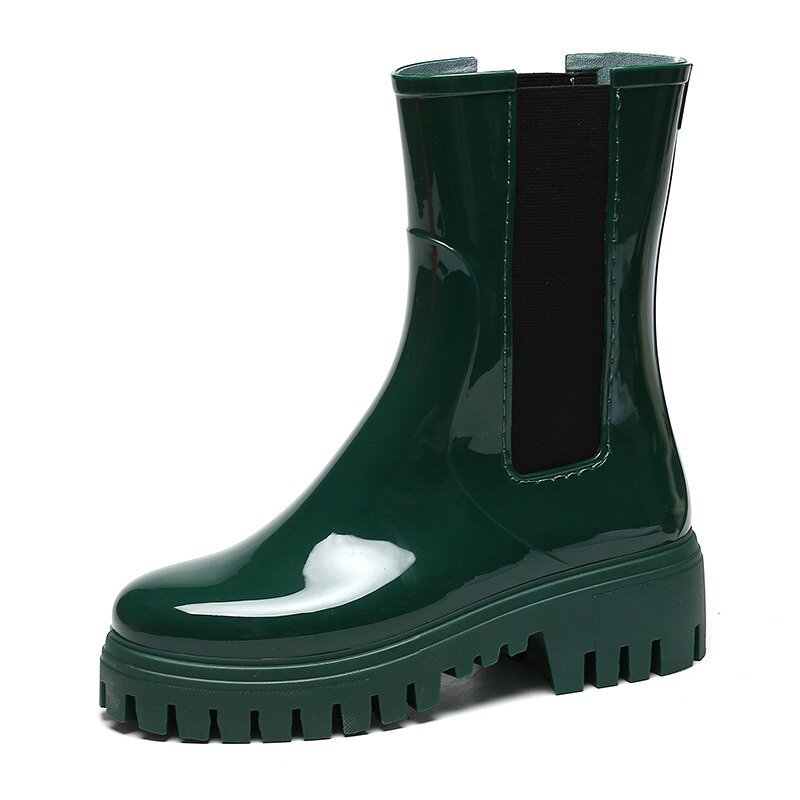 Zapatos de agua de suela gruesa para mujer, botas de agua de plástico Chelsea de manga media, Botas de lluvia altas para motocicleta, 2023