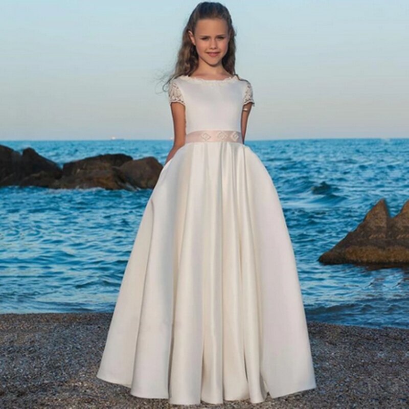 White Satin A-line Flower Girl Dresses Floor-length Cap Sleeve Girls Wedding Pageant Dresses First Communion Gown