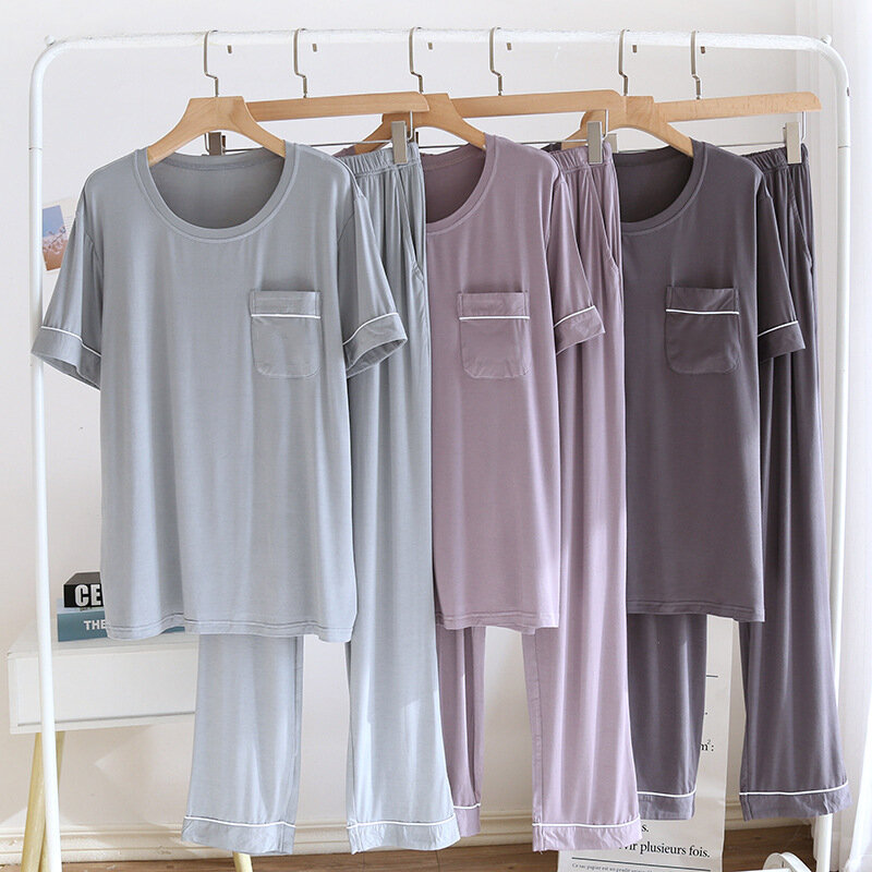 2023 Modal Lengan Pendek Kaus Piyama untuk Pria 2 Buah/Set Pakaian Tidur Pria Musim Semi Musim Panas Kasual Leher O Baju Rumah Warna Solid