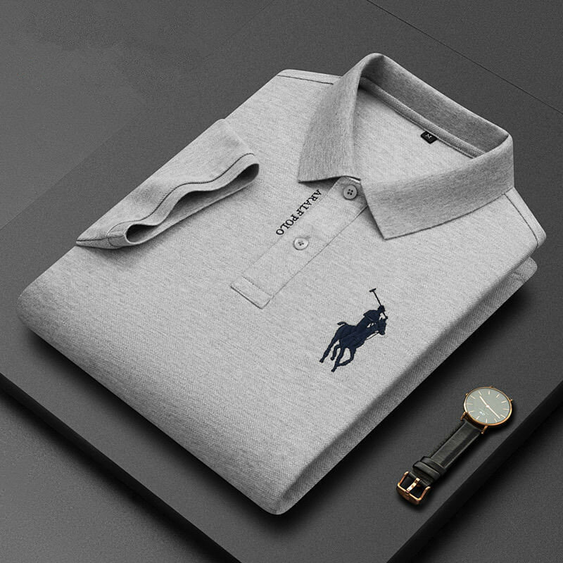 Polo de lapela manga meia masculina, suéter de malha, camiseta bordada elegante, camisa casual de negócios 100% algodão, verão