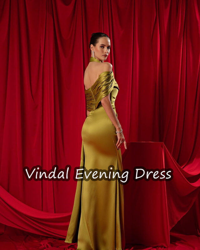 Vindal Halter Evening Dresses Ruffle Floor Length Satin Strapless Elegant Built-in Bra Saudi Arabia Short Sleeves For Woman 2024