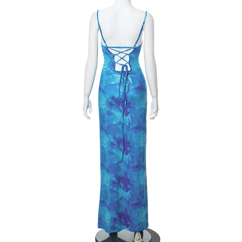 Kamisol santai motif bunga gaun musim panas baru wanita Travel Liburan biru modis tanpa lengan Off Shoulder rok A-Line