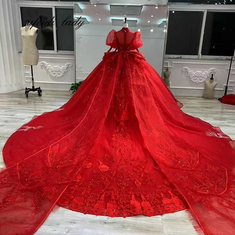 Red Ball Gown Wedding Dresses With Wrap Sweetheart Lace Crystal Bead Robe De Mariee Custom Made Arabic Wedding Gowns