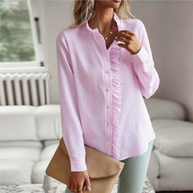 Elegante camisa de escritório feminina, blusa manga comprida, blusa casual confortável, roupas elegantes, nova moda