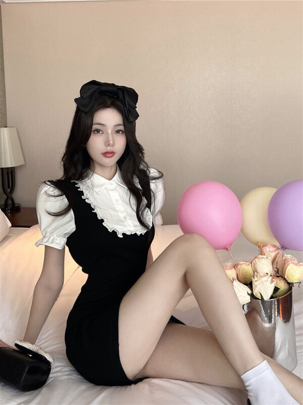 Kleider Frauen täglich Sommer gefälschte zweiteilige Hotsweet Turn-Down-Kragen Streetwear Shinny einfache koreanische Stil Kurzarm Studenten