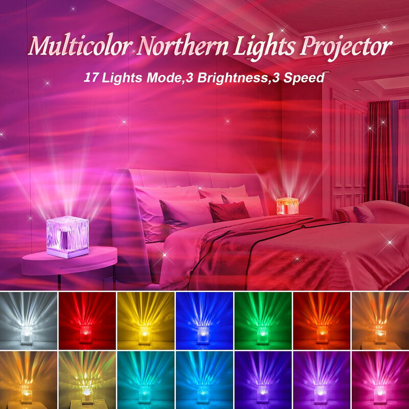 Lámpara LED de cristal giratoria para decoración de dormitorio, Northern Light RGB luz nocturna, ambiente de ondulación de agua, proyector de Aurora dinámica