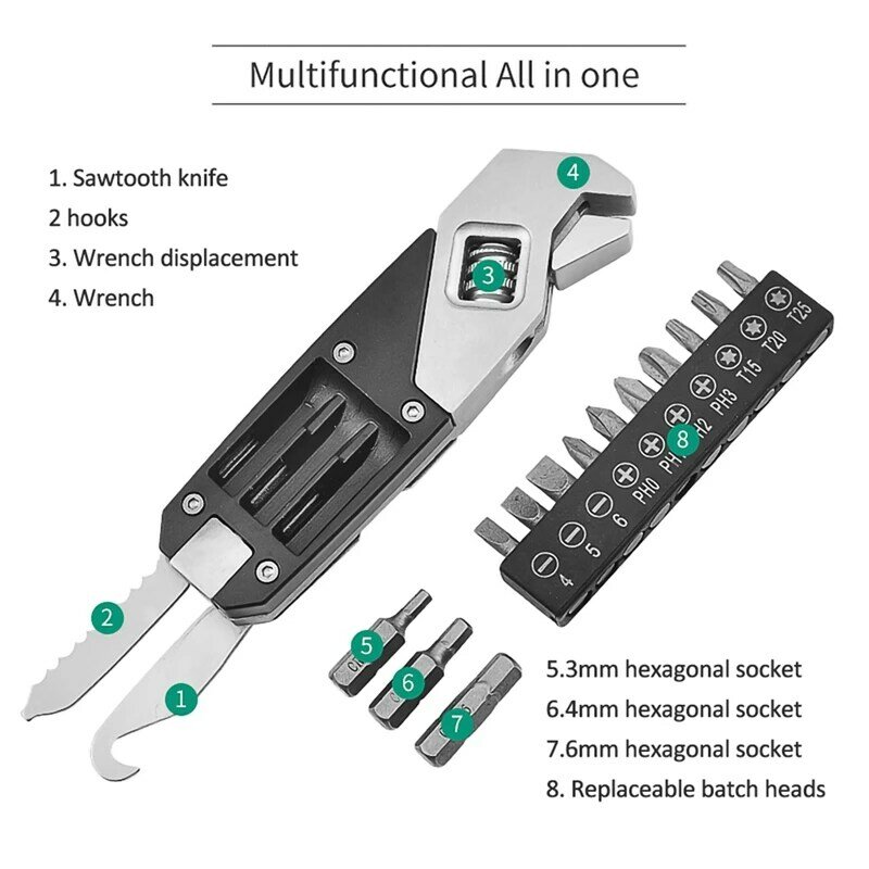 Stainless Steel Wrench Adjustable Wrench Replaceable Screwdriver Head Portable Household Tool Set With Storage Bag