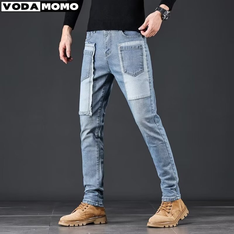 Jeans estilosos rasgados para homens, calças jeans retas justas, roupas novas da moda, 2022