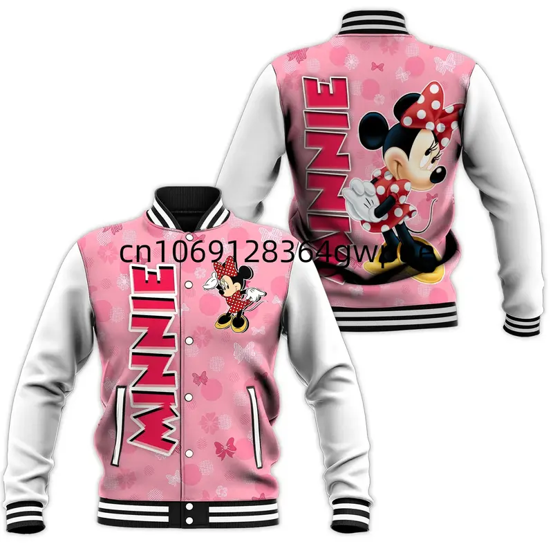 Disney Minnie Mouse Baseball Jacket Men's Women's Casual Sweatshirt Hip Hop Harajuku Jacket Streetwear Loose Varsity Coat Hoodie