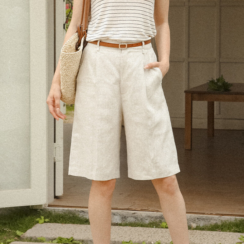 100% Linen Office Lady Midi Shorts Elegant High Waist Pleated Short Pants Female Summer Fashion Casual Pockets Shorts 2023 New