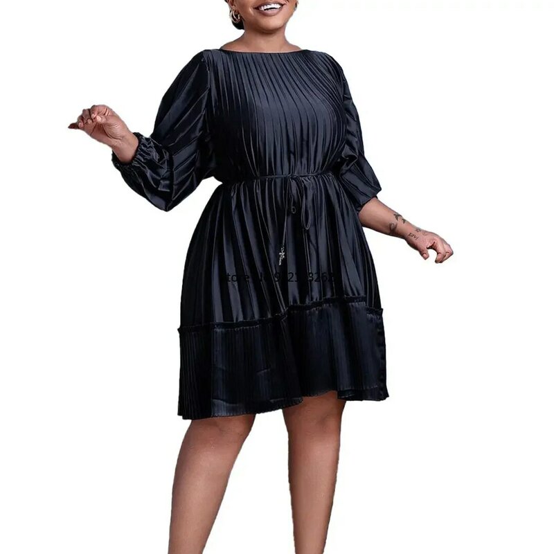 Abito plissettato 2024 estate elegante donna africana 3/4 manica lanterna Mini abito in poliestere S-3XL abiti africani per le donne