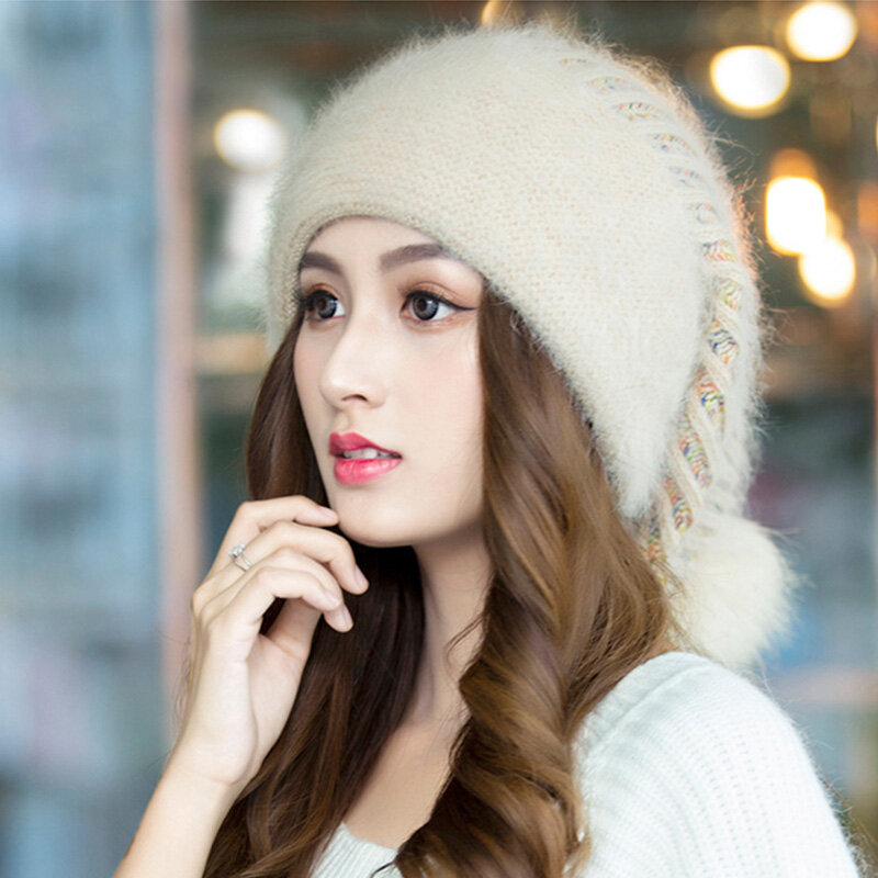 Winter Women Adult Woolen Hat Fashion Solid Color Wool Ball Warm Knitted Hat Skiing Cycling Outdoor Sports Pleated Cuffed Cap