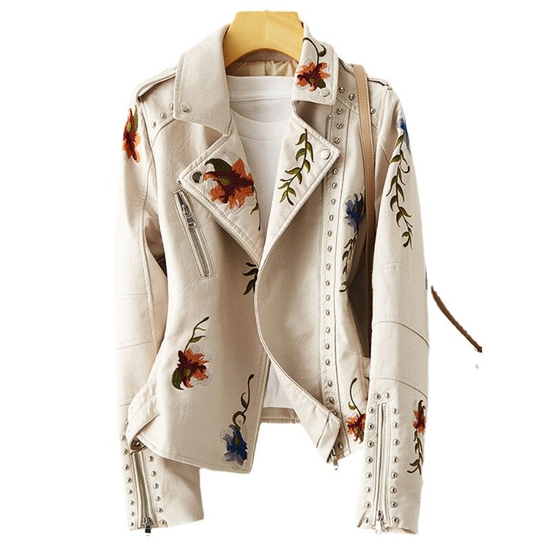 2023 New Women Retro Floral Print Embroidery Faux Soft Leather Jacket Coat Turndown Collar  Black Punk Relaxation Outerwear