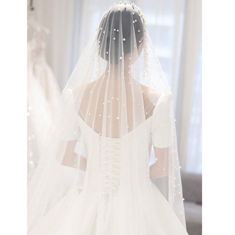 Kerudung mutiara pengantin wanita, Aksesori pernikahan putih gading 2024 lebar satu lantai 1.5m