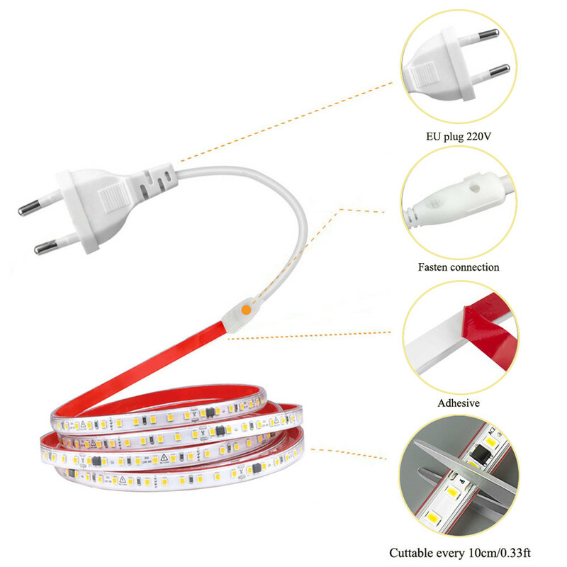 Flexível LED Strip Light para Home Decor, Cuttable Soft Lamp Bar, Fita Adesiva, Plug UE, Vanity Cabinet, Roupeiro, 120 LEDs, m, 220V, 10cm, 2835