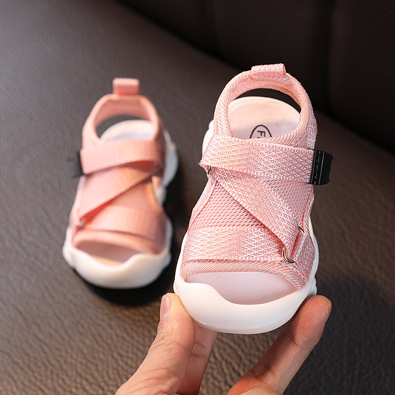 Sandálias infantis elegantes, Cross-Strap, sapatos de malha, respirável, sola macia, crianças de 1 a 3 anos, verão